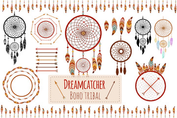 Hand drawn tribal collection with arrows, feathers, dreamcatcher - obrazy, fototapety, plakaty