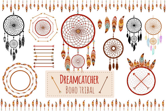 Hand drawn tribal collection with arrows, feathers, dreamcatcher