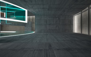 Obraz premium Abstract concrete and wood interior multilevel public space with neon lighting. 3D illustration and rendering.