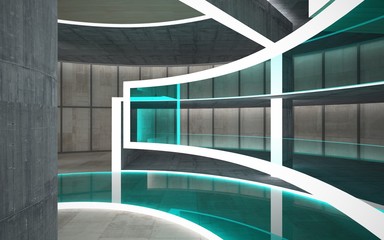 Fototapeta premium Abstract concrete and wood interior multilevel public space with neon lighting. 3D illustration and rendering.