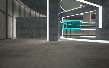 Abstract  concrete and wood interior multilevel public space with neon lighting. 3D illustration and rendering.