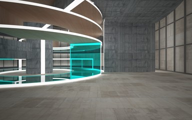 Abstract  concrete and wood interior multilevel public space with neon lighting. 3D illustration and rendering.