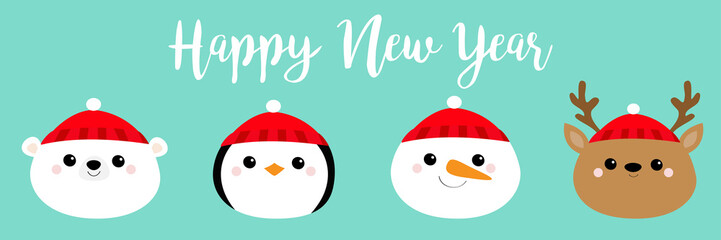 Fototapeta premium Happy New Year. White polar bear Penguin Deer bird Raindeer Snowman round face head icon set. Merry Christmas. Cute cartoon funny kawaii baby character. Flat design Blue background.