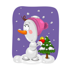 Christmas cute snowman with christmas tree, toy and snow on background. Nice character for your Christmas design.