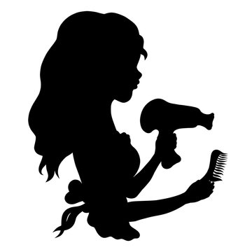 recommend clip art: Cute girl with hair dryer and comb in hands, creating hairstyle, silhouette