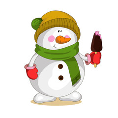 Beautiful christmas card with snowman and ice cream. Nice character for your Christmas design.
