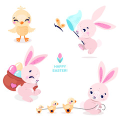 Set of cute Easter rabbits with Easter eggs and chicken. Collection of Easter bunny isolated on white background. Vector illustration