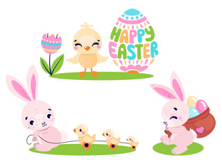 Set of cute Easter rabbits with Easter eggs and chicken. Collection of Easter bunny isolated on white background. Vector illustration
