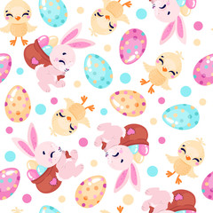 Seamless pattern of cute Easter rabbits with Easter eggs and chicken. Vector background