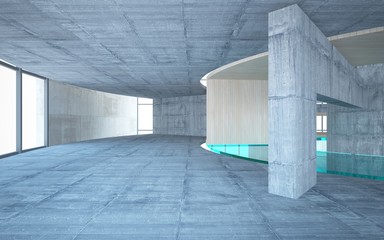 Abstract  concrete and wood interior multilevel public space with window. 3D illustration and rendering.