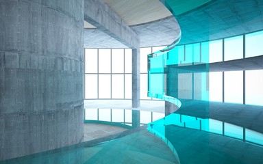 Abstract  concrete and wood interior multilevel public space with window. 3D illustration and rendering.