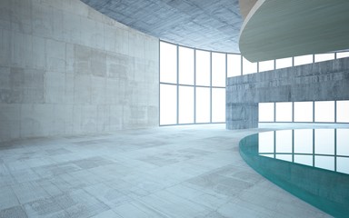 Abstract  concrete and wood interior multilevel public space with window. 3D illustration and rendering.