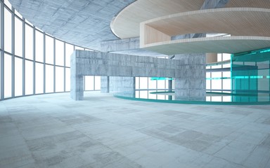 Abstract  concrete and wood interior multilevel public space with window. 3D illustration and rendering.