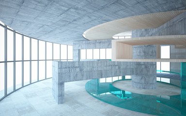 Obraz premium Abstract concrete and wood interior multilevel public space with window. 3D illustration and rendering.