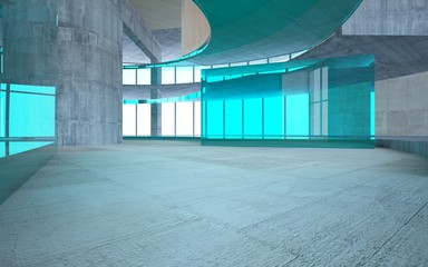 Abstract  concrete and wood interior multilevel public space with window. 3D illustration and rendering.