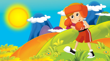 cartoon summer or spring nature background in the mountains - with kid training in nature  illustration for children