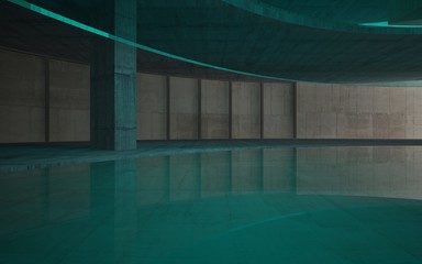 Abstract  concrete and wood interior multilevel public space with window. 3D illustration and rendering.