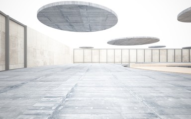 Abstract  concrete and wood interior multilevel public space with window. 3D illustration and rendering.