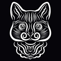 Cat head on a black background, white pattern