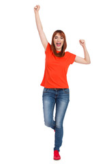 Happy Young Woman Is Standing On One Leg And Cheering