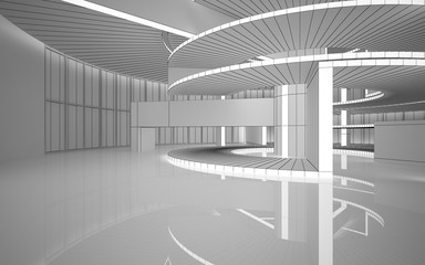 Abstract drawing white interior multilevel public space with window. Polygon black drawing. 3D illustration and rendering.