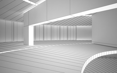 Abstract drawing white interior multilevel public space with window. Polygon black drawing. 3D illustration and rendering.