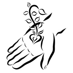 grain and sprout in the palm of hand, black