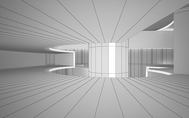 Abstract drawing white interior multilevel public space with window. Polygon black drawing. 3D illustration and rendering.