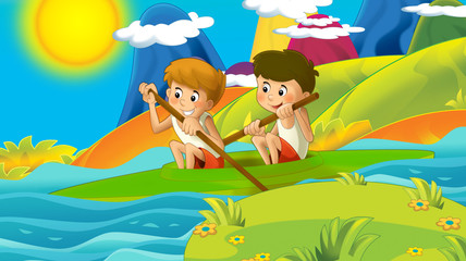 cartoon summer or spring nature background in the mountains - with kids training in nature with space for text - illustration for children