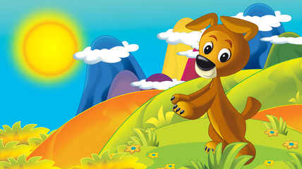 cartoon summer background in the mountains with dog walking in nature - with space for text - illustration for children