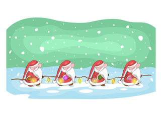 Beautiful christmas card with cute santas. Santas carry christmas light garland. Design elements for winter holidays.