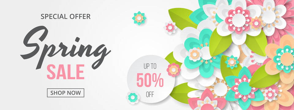Spring sale banner with beautiful colorful flower. Can be used for template, banners, wallpaper, flyers, invitation, posters, brochure, voucher discount. Vector illustration