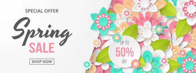 Fototapeta na wymiar Spring sale banner with beautiful colorful flower. Can be used for template, banners, wallpaper, flyers, invitation, posters, brochure, voucher discount. Vector illustration