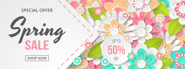 Spring sale banner with beautiful colorful flower. Can be used for template, banners, wallpaper, flyers, invitation, posters, brochure, voucher discount. Vector illustration