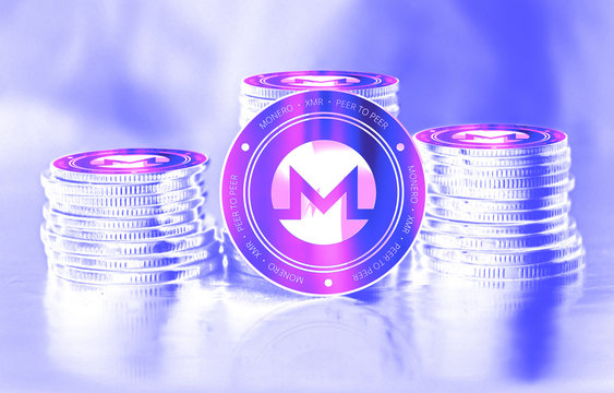Monero (XMR) digital crypto currency. Stack of coins. Cyber money.