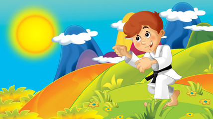 cartoon summer background with kids training in nature - with space for text - illustration for children