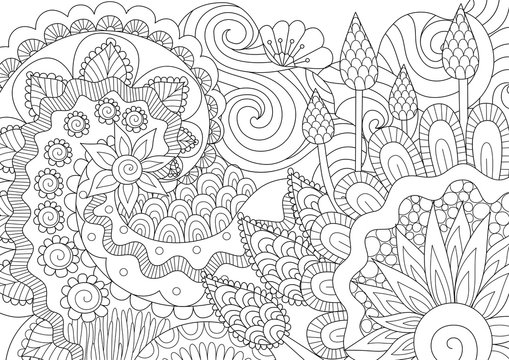 Flowers and leaves for background, coloring book, coloring page,colouring picture and print on product. Vector illustration
