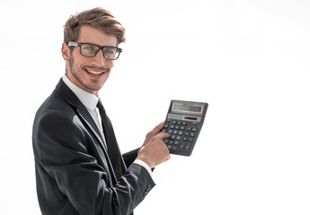 man is pointing at a calculator
