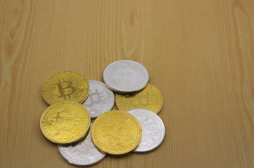 Close-up of bitcoin coins with copy space