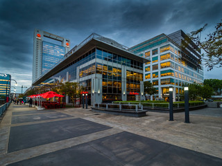 Argentina, Buenos Aires, Puerto Madero, Dock Sud, Financial district, Retiro and modern restaurant at harbor