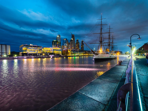 Argentina, Buenos Aires, Puerto Madero, Dock Sud, Frigate Sarmiento at night
