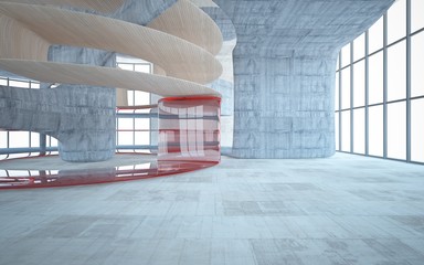 Empty dark abstract concrete smooth interior with red glass . Architectural background. 3D illustration and rendering