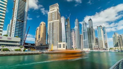 View of Dubai Marina Towers and canal in Dubai timelapse hyperlapse