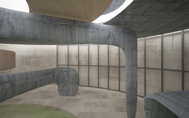 Empty dark abstract concrete and wood smooth interior . Architectural background. 3D illustration and rendering