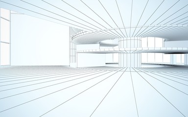 Abstract drawing white interior multilevel public space with window. 3D illustration and rendering.