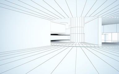 Abstract drawing white interior multilevel public space with window. 3D illustration and rendering.