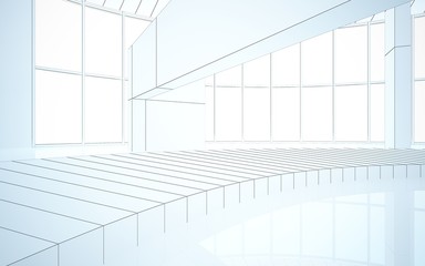Abstract drawing white interior multilevel public space with window. 3D illustration and rendering.