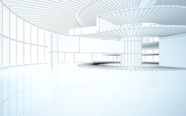 Abstract drawing white interior multilevel public space with window. 3D illustration and rendering.