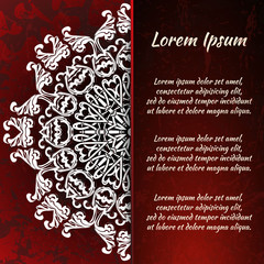 Flyer holiday card, frame for congratulations on your wedding, Valentine's day, birthday, invitation, gratitude, celebration, Declaration of love. Vector red background with a mandala pattern. eps10