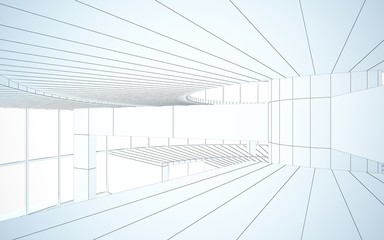 Abstract drawing white interior multilevel public space with window. 3D illustration and rendering.